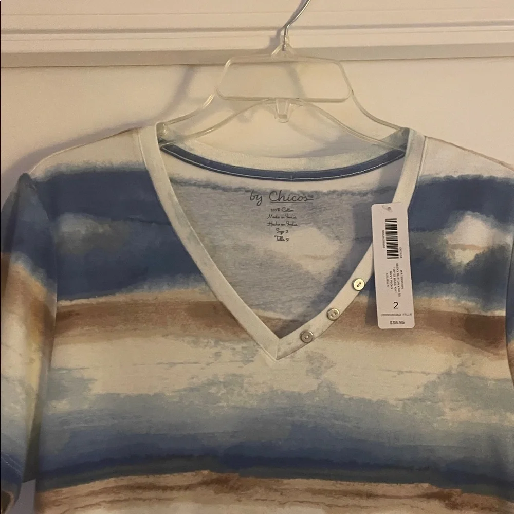Chico’s Blue and Brown Striped V-Neck T-Shirt new Size L - Picture 2 of 4